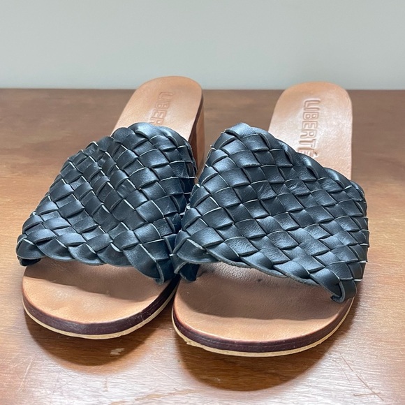 Coastal Summer Black Woven Slide Wooden Block Heel Leather Mules Liberté - Picture 5 of 14